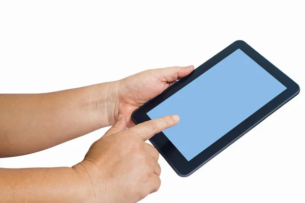 Hand houd een Tablet en aanraakscherm geïsoleerd op witte achtergrond — Stockfoto