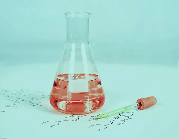 Tubo Teste Laboratório Com Conta Gotas Fundo Fórmula Química Conceito — Fotografia de Stock