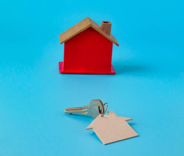 Ev şeklindeki anahtarlığı ve kırmızı evi olan anahtar çifti .