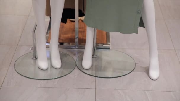 Weiße Schaufensterpuppen stellen in einem kleinen Geschäft eine neue Kollektion von Damenbekleidung aus — Stockvideo