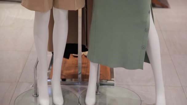 Manequins brancos exibem uma nova coleção de roupas femininas em uma pequena loja — Vídeo de Stock