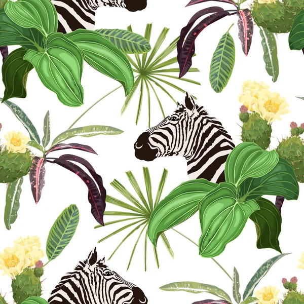 Zebra Tropische Bladeren Cactussen Exotische Naadloze Vector Patroon Rechtenvrije Stockillustraties