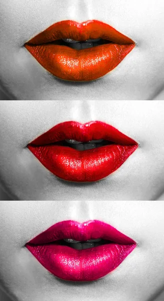 Close-up  lips. Palette orange, red, violet tints. Perfect makeup. Ideal image for the advertisement of the professional cosmetics (lipstick, lipgloss etc).