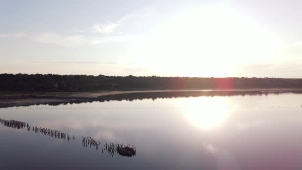 日没時に河口上空を飛行する 空中展望 — ストック動画