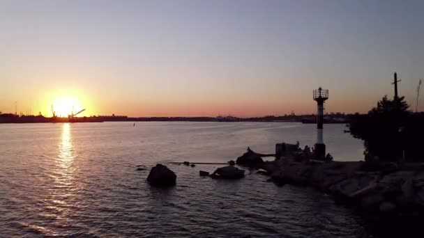 Flug Über Den Seehafen Bei Sonnenuntergang Hafen Luftaufnahme — Stockvideo