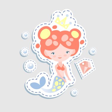 Sevimli küçük mairmaid - vektör karikatür çizim. Sualtı elemanları - coralls ve şişe ile peri deniz kızları prenses. Etiket sevimli denizkızı karakter