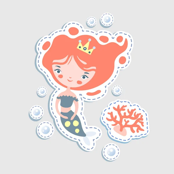 Sevimli küçük mairmaid - vektör karikatür çizim. Sualtı elemanları - coralls ve şişe ile peri deniz kızları prenses. Etiket sevimli denizkızı karakter — Stok Vektör