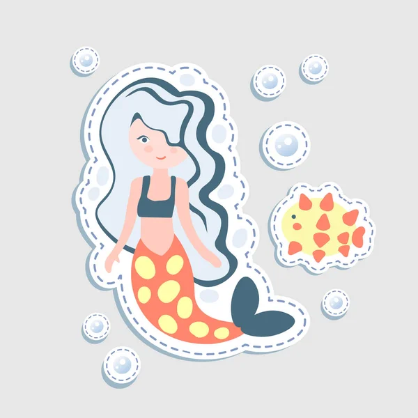 Linda doncella - ilustración de dibujos animados vectoriales. Las sirenas de hadas la princesa con los elementos submarinos - los coros y la botella. Adhesivo lindo personaje sirena — Vector de stock