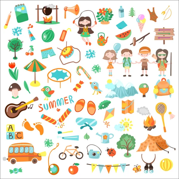 Bambini campeggio cartone animato vettoriale illustrazione. Set di elementi e icone del campeggio per bambini, illustrazioni di cartoni animati su infanzia, estate, campeggio e giochi per bambini — Vettoriale Stock