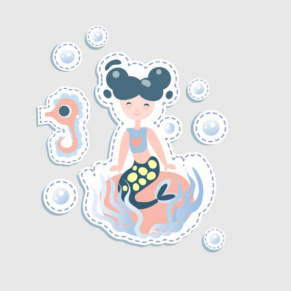 Niedliche kleine Magd - Vektor-Cartoon-Illustration. Fee Meerjungfrauen Prinzessin mit Unterwasserelementen - Korallen und Flasche. Aufkleber niedliche Meerjungfrau Charakter — Stockvektor