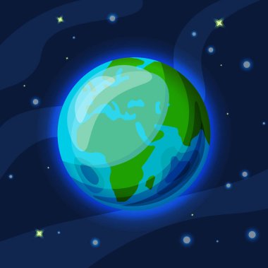 Dünya vektör karikatür ve düz illüstrasyon. Yeşil ve mavi dünya gezegen atmosfer parlayan ile yıldızlı uzayda. Kıtalar ve okyanuslar önünde dünya illüstrasyon vektör