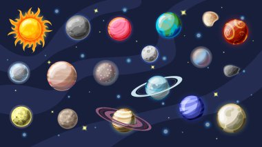 Güneş sistemi vektör karikatür koleksiyonu. Gezegenler, toprak, Jüpiter ve başka bir gezegen Güneş Sistemi'nin, asteroitler, Güneş ile ay ve gezegen halkaları. Boşluk vektör güneş sisteminin gezegenleri karikatür kümesi
