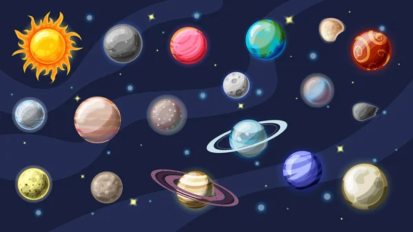 太阳系矢量卡通收藏。行星, 地球的卫星, 木星和其他太阳系行星, 有小行星, 太阳和行星环。太阳系漫画行星集, 空间矢量 — 图库矢量图片