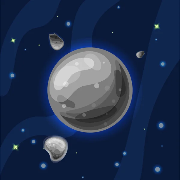 Kwik vectorillustratie cartoon. Grijze planeet Mercurius van zonnestelsel in donkere diepe blauwe ruimte, geïsoleerd op blauwe achtergrond — Stockvector