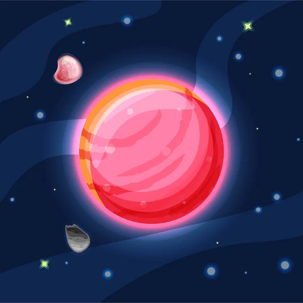 Venuše kreslené vektorové ilustrace. Červené a růžové planety Venuše solární systém v temnu temně modrý prostor, izolované na modrém pozadí — Stockový vektor