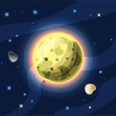 IO, vektör karikatür çizim. Sarı Jüpiter Uydusu üzerinde mavi arka plan izole karanlık derin mavi alan, g/ç güneş sisteminde