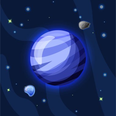 Neptun vektör karikatür çizim. Neptun gezegen güneş sistemi içinde karanlık derin mavi alan, üzerinde mavi arka plan izole mavi