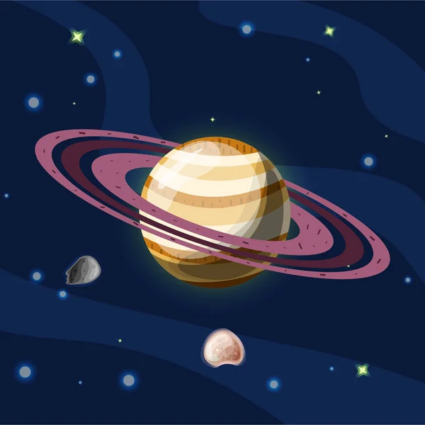 土星, 矢量卡通插图。行星土星与圆环, 太阳系行星在深蓝色空间, 被隔绝在蓝色背景 — 图库矢量图片