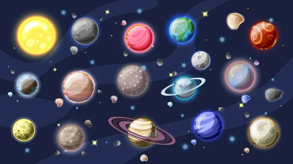 Sistema solar vector colección de dibujos animados. Planetas, lunas de la Tierra, Júpiter y otros planetas del Sistema Solar, con asteroides, Sol y anillos de planetas. Conjunto de planetas de dibujos animados del sistema solar, vector espacial — Vector de stock