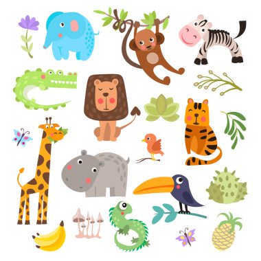 Sevimli dizi safari hayvanlar ve çiçekler. Savana ve safari komik karikatür hayvanlar. Orman hayvanları set vektör. Şirin bir timsah, zürafa, aslan maymun ve diğer ormanlarda ve savana hayvanlar