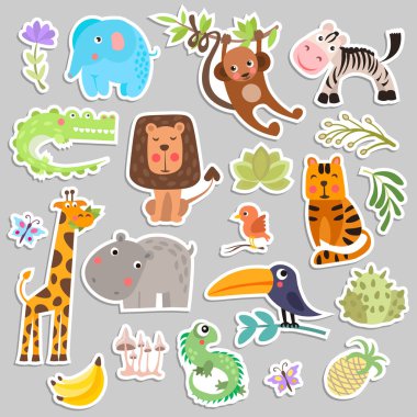 Çıkartmalar safari hayvanlar ve çiçek şirin kümesi. Komik karikatür etiket hayvanlar savana ve safari. Orman hayvanlar vektör etiket öğelerini ayarlayın. Timsah, zürafa, aslan ve maymun ve diğer