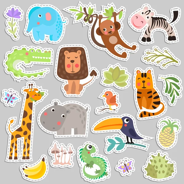 Cute set of stickers of safari animals and flowers. Savanna and safari funny cartoon sticker animals. Jungle animals vector set of sticker elements. Crocodile, giraffe, lion and monkey, and other — Stock Vector
