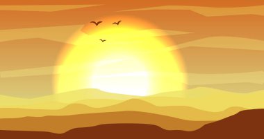 Kumullar ve günbatımı, gün batımından altın sarı renk ile panoramik manzara çöl sıcak sarı ve turuncu. Sakin çöl arka plan, dune ve tepeler. Oyun büyük güneş, kuşlar ve bulutlar ile sahne çöller