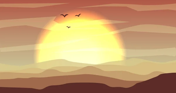 Meleg sárga és narancs sivatagi dűnék és a naplemente, sundown arany sárga színben panorámás tájat. Nyugodt sivatagi háttér, a Dűne és a hegyekre. Játék sivatagok a nagy nap, a madarak és felhők jelenet — Stock Vector