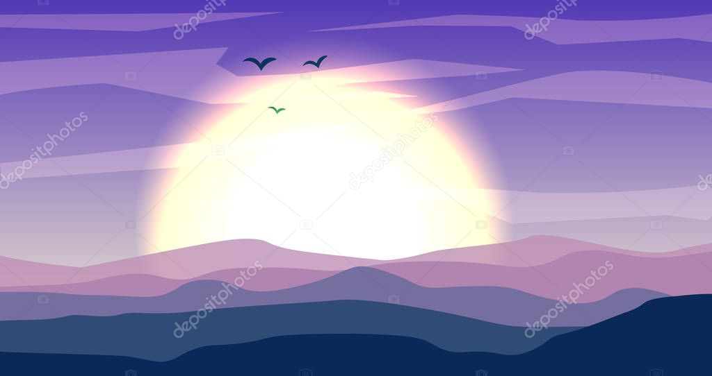 Desert panoramic landscape with dunes and sunset, sundown in blue and magenta colors. Calm desert background, dune and hills. Game deserts scene with big sun and clouds
