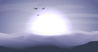 Kumullar ve günbatımı, mavi ve gri renkler, Alacakaranlık Kuşağı, gece gün batımından ile boş çöl panoramik manzara. Sakin çöl arka plan, dune ve tepeler. Büyük güneş ve bulutlar ile oyun çöller manzara