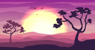 Safari çizgi film arka plan, çöl savana panorama ve peyzaj ağaçları, tepeler, kumullar ve ay ile. Çöl katmanlı panoramik arka plan, savannah kumul manzara, Afrika dune gece tasarımında