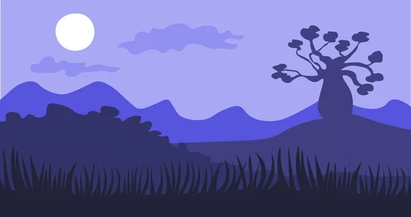 Fondo de dibujos animados Safari, panorama de sabana del desierto y paisaje con árboles, colinas y luna. Fondo panorámico en capas seguro, paisaje de sabana, diseño nocturno africano . — Vector de stock