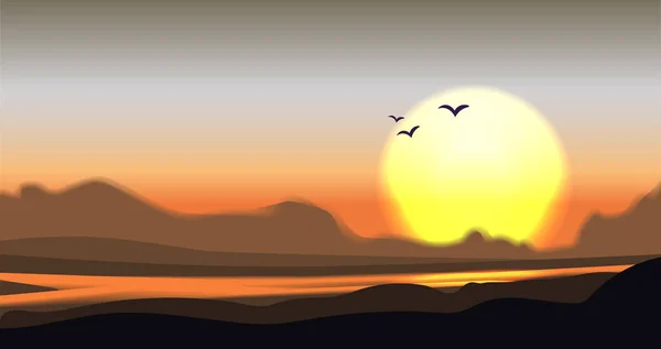 Minimalistische Vektorillustration mit Fluss-, Palmen- und Hügelsilhouette. ruhiger Vektor Gebirgstal-Abbildung, strahlende Sonne. Gebirgstal-Konzept minimalistische Landschaft — Stockvektor
