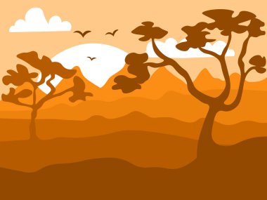 Safari çizgi film arka plan, çöl savana panorama ve peyzaj ağaçları, tepeler ve güneş ile. Safary katmanlı panoramik arka plan, savannah peyzaj, Afrika günbatımı tasarım.