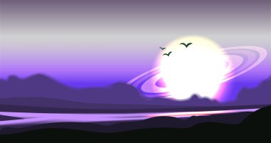 Fantastik renkli panorama, fantezi vektör manzara. Fantezi gezegen illüstrasyon. Uzay vektör bilim-kurgu arka plan, gaz devi ile gökyüzünde fantastik yabancı peyzaj halkalar. Dağ Vadisi