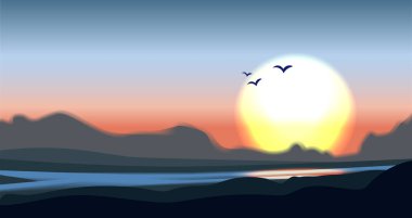 Dağ Vadisi minimalist vektör çizim ile nehir, palmiye ve tepeler siluet. Sakin vektör dağ dağlar vadi illüstrasyon, parlak güneşin. Dağ Vadisi kavramı minimalist manzara