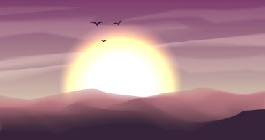 Kumullar ve günbatımı, mavi ve kırmızı renklerde sundown ile panoramik manzara çöl. Sakin çöl arka plan, dune ve tepeler. Büyük güneş ve bulutlar ile oyun çöller manzara
