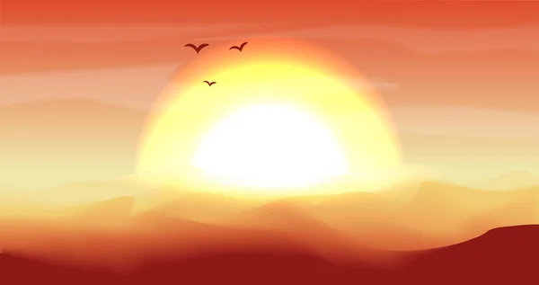 Гарячий червоний і помаранчевий порожній пустельний панорамний пейзаж з дюнами і яскравим заходом сонця, засипаний золотими жовтими кольорами. Спокійний пустельний фон, дюна і пагорби. Гра пустелі сцена з великим сонцем, птахами і — стоковий вектор