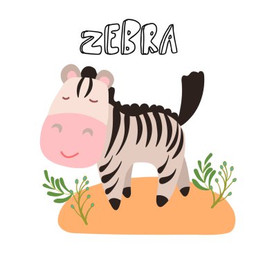 Sevimli çizgi vektör zebra çizim. Şirin safari hayvanlar - küçük zebra ile safari çim illüstrasyon karikatür