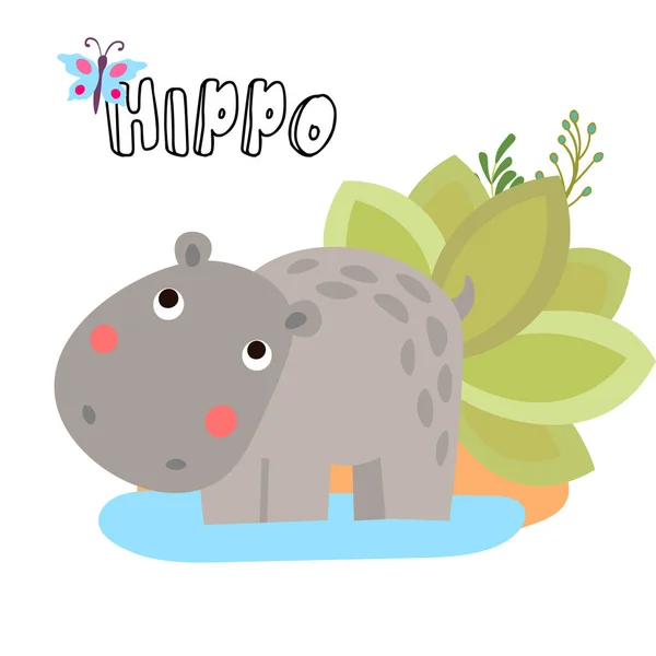 Bonito desenho animado vetorial Hippo. Ilustrações para crianças. Cartão de banho de bebê com hipopótamo de bebê e elementos de safári — Vetor de Stock
