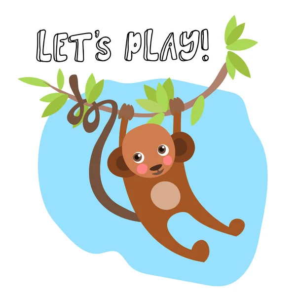 Söt baby apa hängande på träd med bokstäver om play. Barn tecknad illustration med apa, trädgren och blad. — Stock vektor