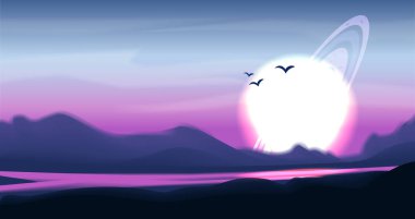 Fantastik renkli panorama, fantezi vektör manzara. Fantezi gezegen illüstrasyon. Uzay vektör bilim-kurgu arka plan, gaz devi ile gökyüzünde fantastik yabancı peyzaj halkalar. Dağ Vadisi.