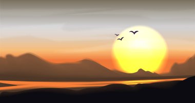 Dağ Vadisi minimalist vektör çizim ile nehir, palmiye ve tepeler siluet. Sakin vektör dağ dağlar vadi illüstrasyon, parlak güneşin. Dağ Vadisi kavramı minimalist panorama. 