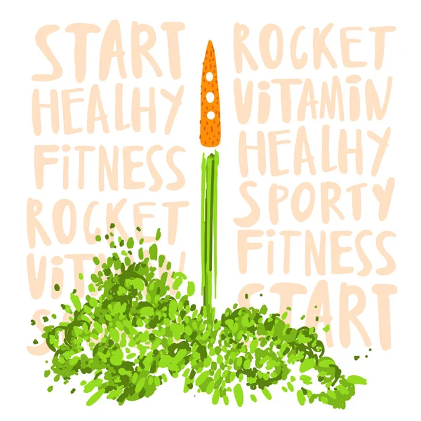 Illustration of the concept of a healthy lifestyle. Carrots with a halms, taking off like a rocket with lettering about Health, sport, lifestyle and vitamins. Starting new healthy life concept. — Stock Vector