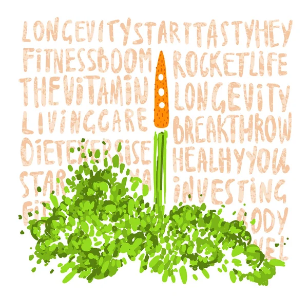 Illustration of the concept of a healthy lifestyle. Carrots with a halms, taking off like a rocket with lettering about Health, sport, lifestyle and vitamins. Starting new healthy life concept. — Stock Vector