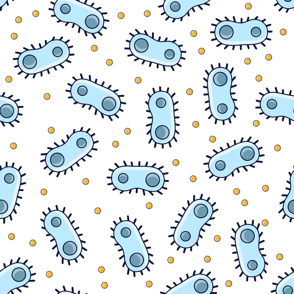 Flat simple seamless science pattern - cartoon bacterium with a nucleus on white background. Cartooning kids science pattern with bacteriums in microscope — Stock Vector