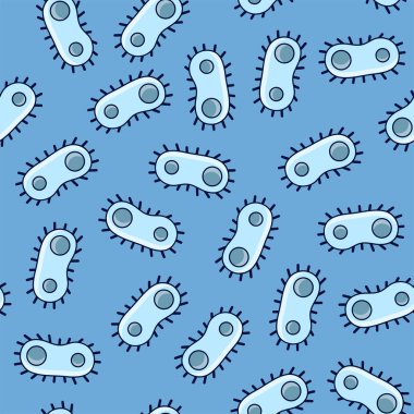 Daire basit sorunsuz bilim desen - karikatür bakteri bir çekirdek üzerinde beyaz arka plan ile. Çocuklar bilim desen bacteriums içinde mikroskop ile karikatür