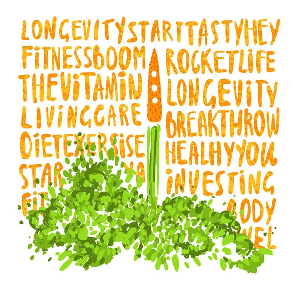 Ilustración del concepto de un estilo de vida saludable. Zanahorias con un zumbido, despegando como un cohete con letras sobre la salud, el deporte, el estilo de vida y las vitaminas. Empezando un nuevo concepto de vida saludable . — Vector de stock
