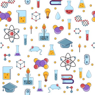 Science flat seamless pattern with scientific elements - molecule, atom structure, flask, glass, water and other on one simple educational and school endless background. clipart