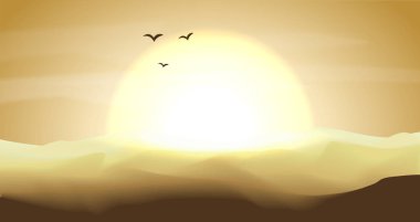 Sıcak sarı ve turuncu çöl panoramik manzara kumullar ve günbatımı, gün batımından altın sarı renk ile boş. Sakin çöl arka plan, dune ve tepeler. Oyun büyük güneş, kuşlar ve bulutlar ile sahne çöller
